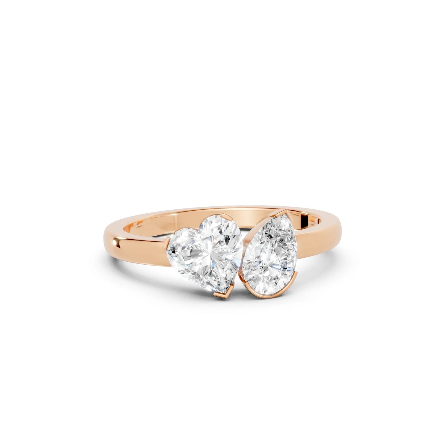 14K Gold Heart and Pear Cut Diamond Toi et Moi Ring