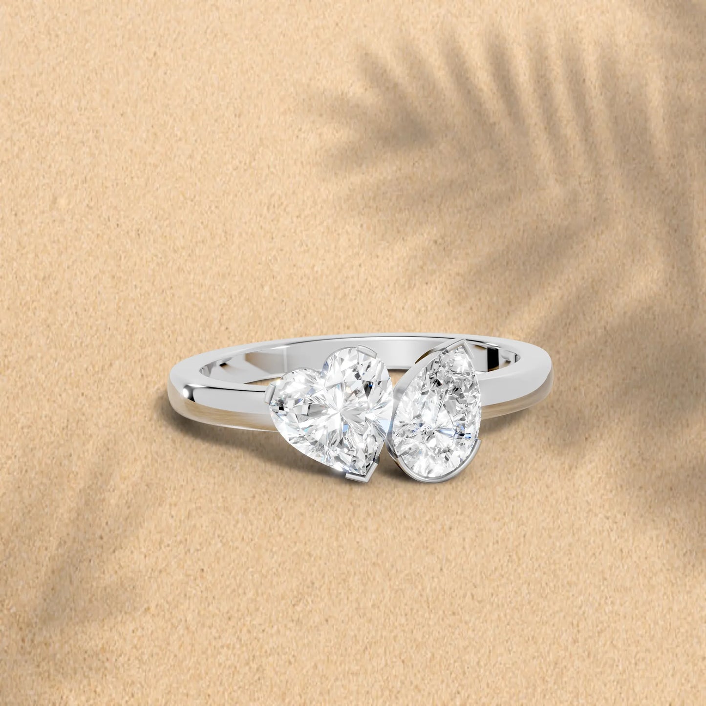 14K Gold Heart and Pear Cut Diamond Toi et Moi Ring