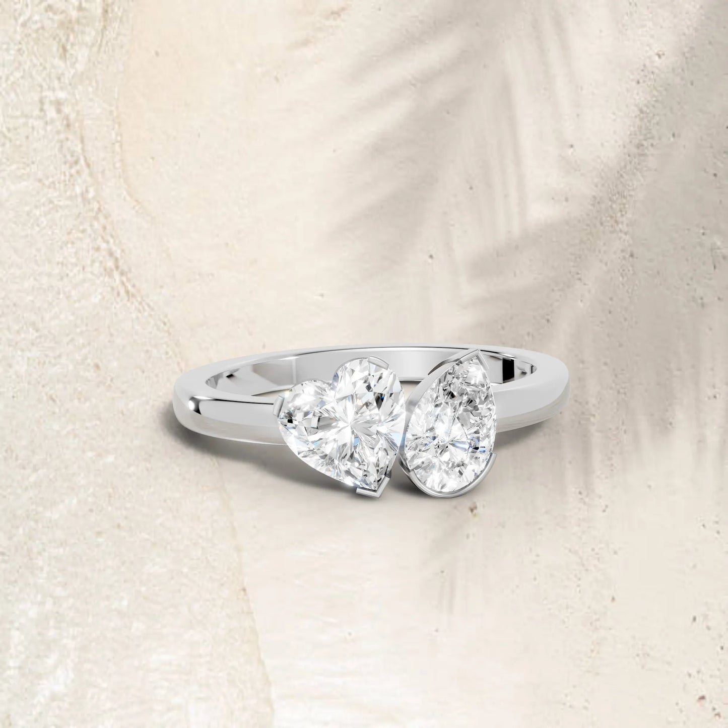 14K Gold Heart and Pear Cut Diamond Toi et Moi Ring