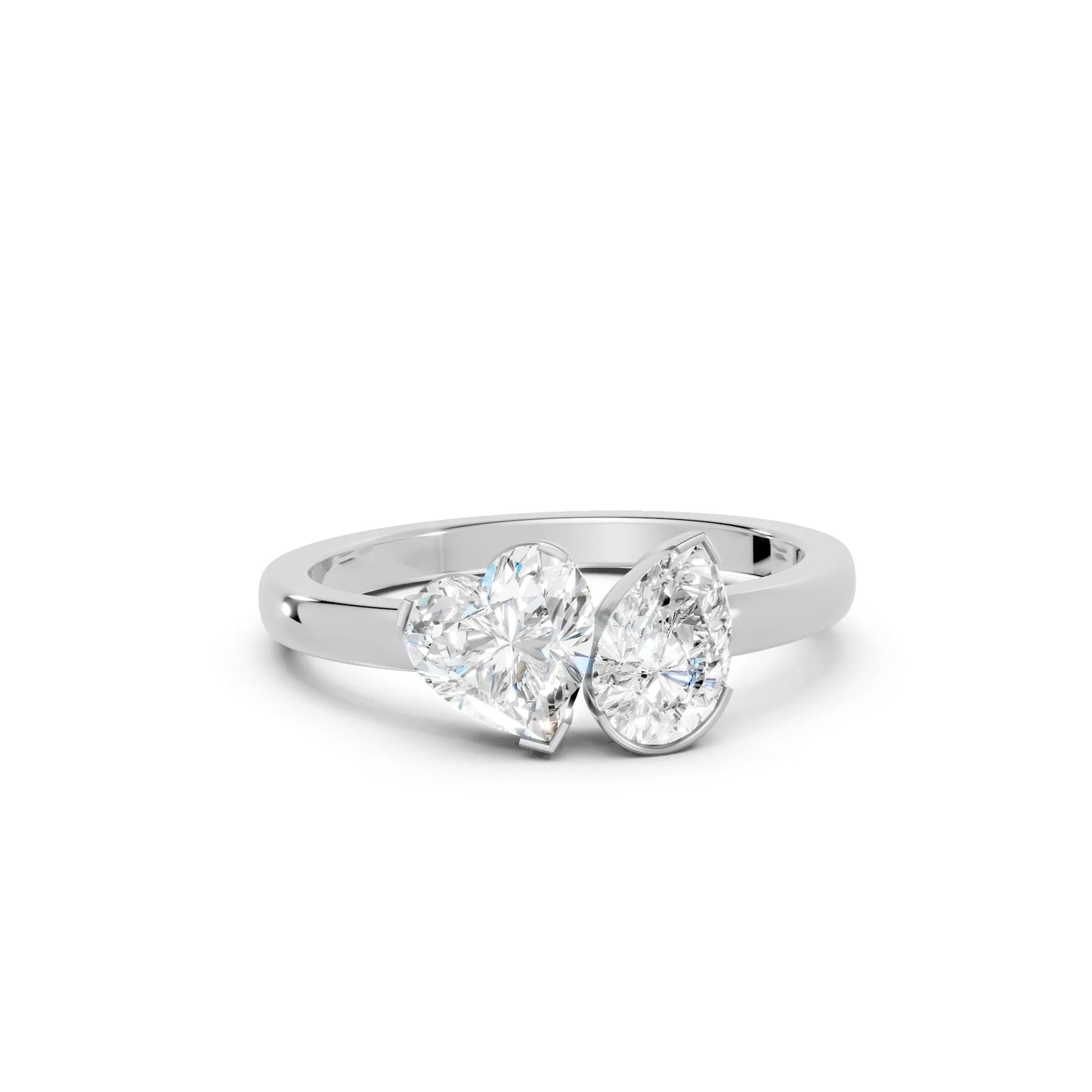 14K Gold Heart and Pear Cut Diamond Toi et Moi Ring