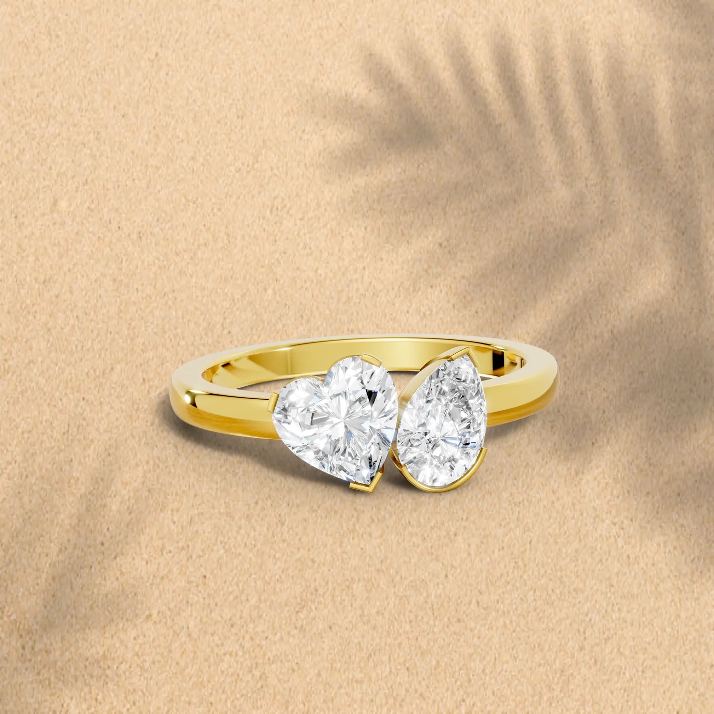 14K Gold Heart and Pear Cut Diamond Toi et Moi Ring
