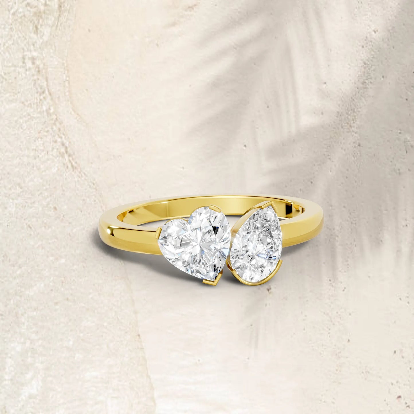 14K Gold Heart and Pear Cut Diamond Toi et Moi Ring