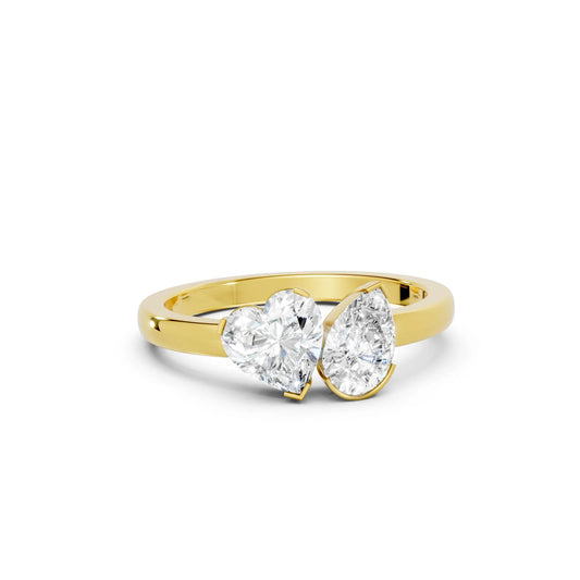 14K Gold Heart and Pear Cut Diamond Toi et Moi Ring