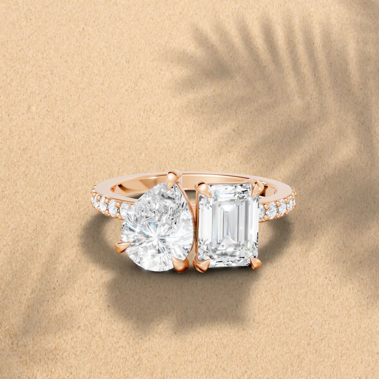 14K Gold Pear and Emerald Cut Diamond Toi et Moi Ring with Side Accents