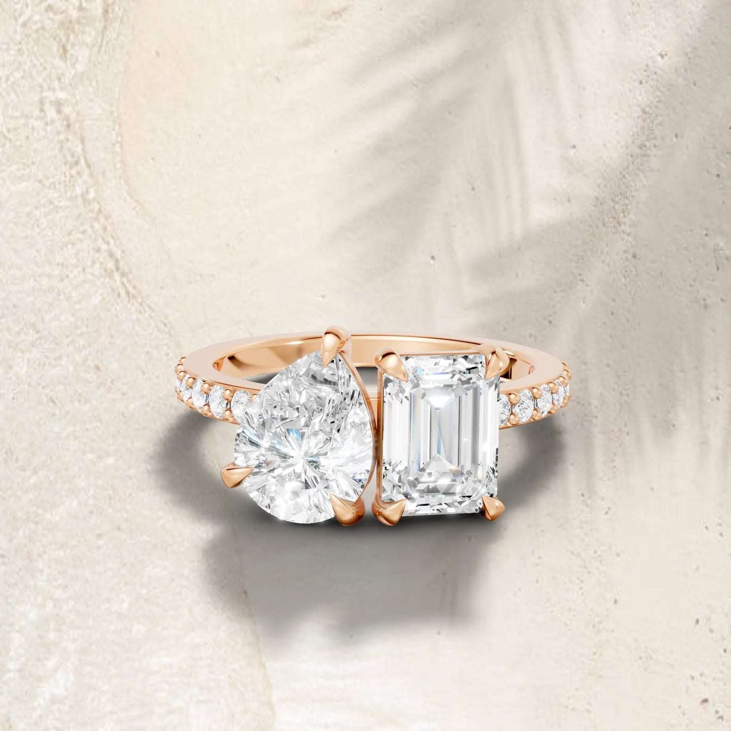 14K Gold Pear and Emerald Cut Diamond Toi et Moi Ring with Side Accents