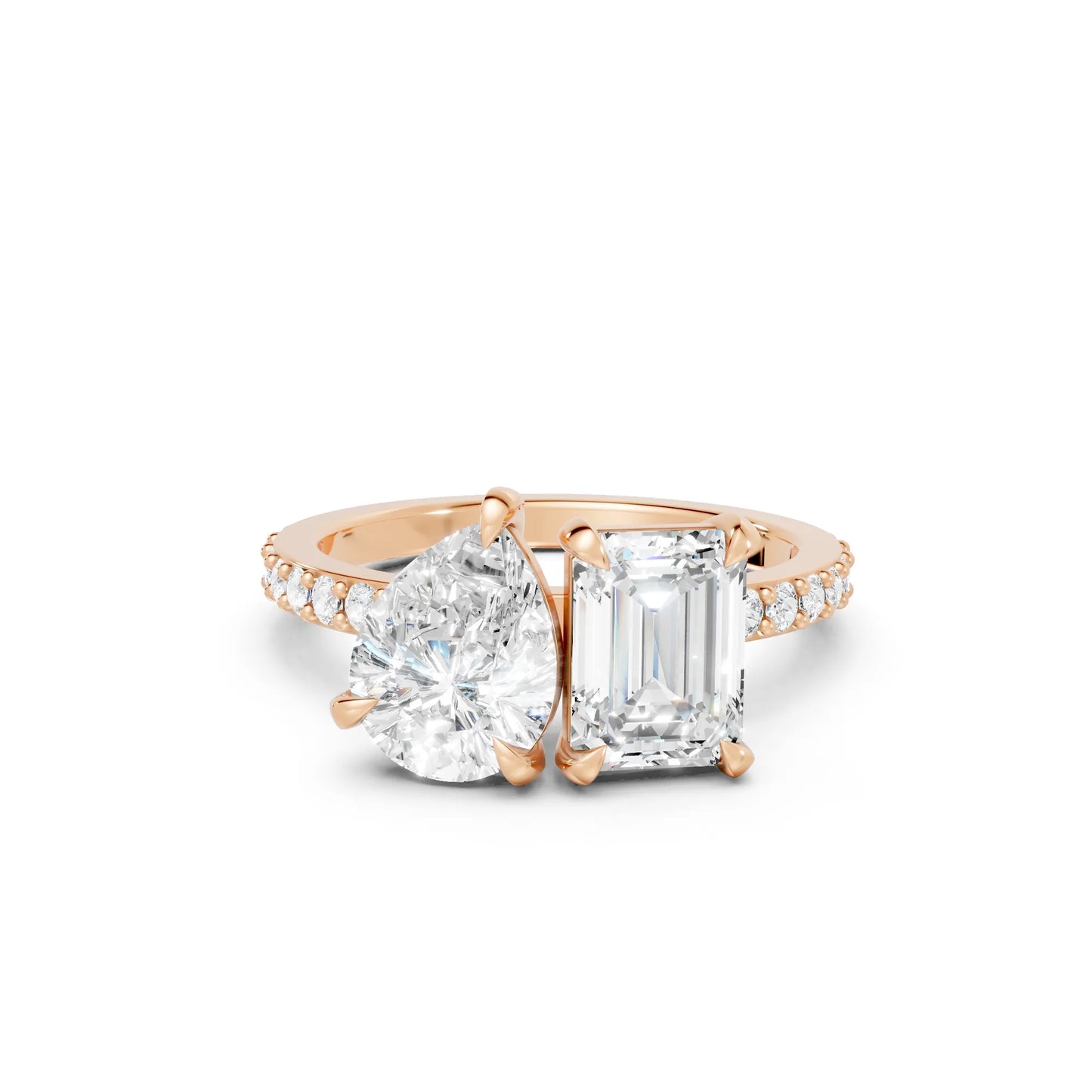 14K Gold Pear and Emerald Cut Diamond Toi et Moi Ring with Side Accents