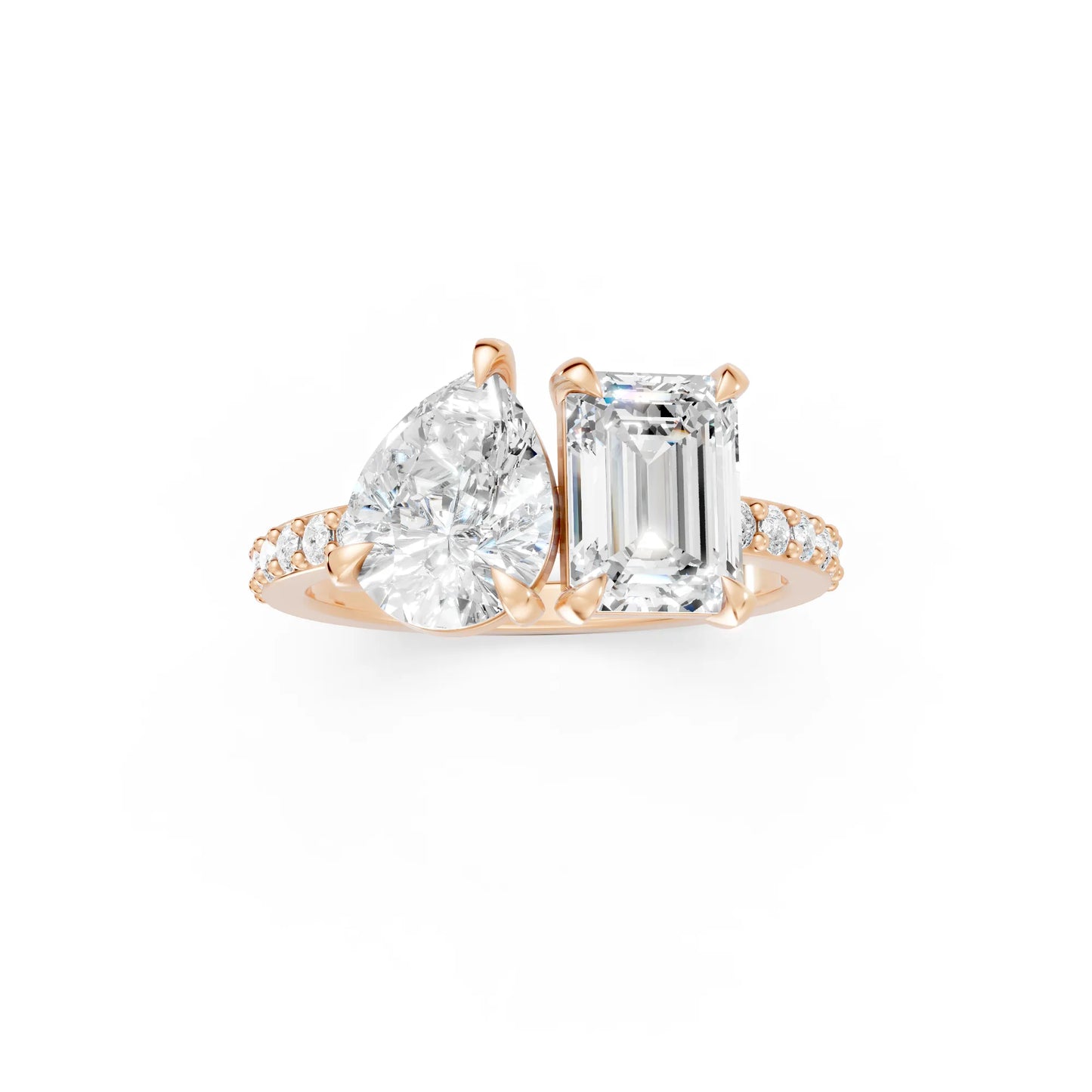 14K Gold Pear and Emerald Cut Diamond Toi et Moi Ring with Side Accents
