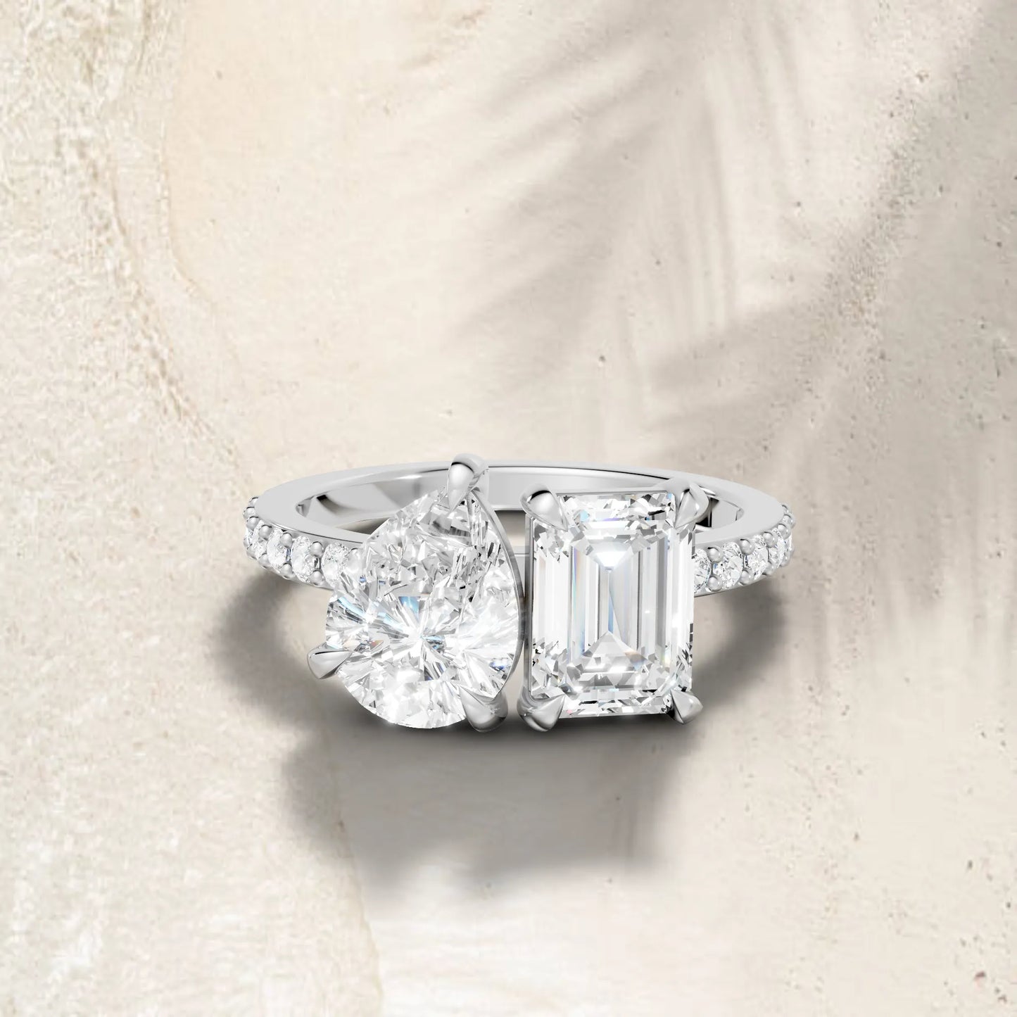 14K Gold Pear and Emerald Cut Diamond Toi et Moi Ring with Side Accents