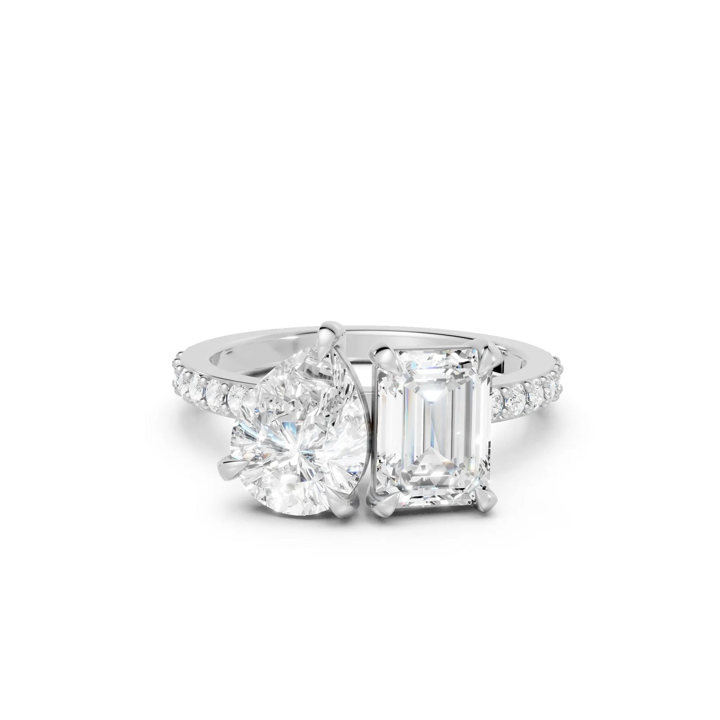 14K Gold Pear and Emerald Cut Diamond Toi et Moi Ring with Side Accents