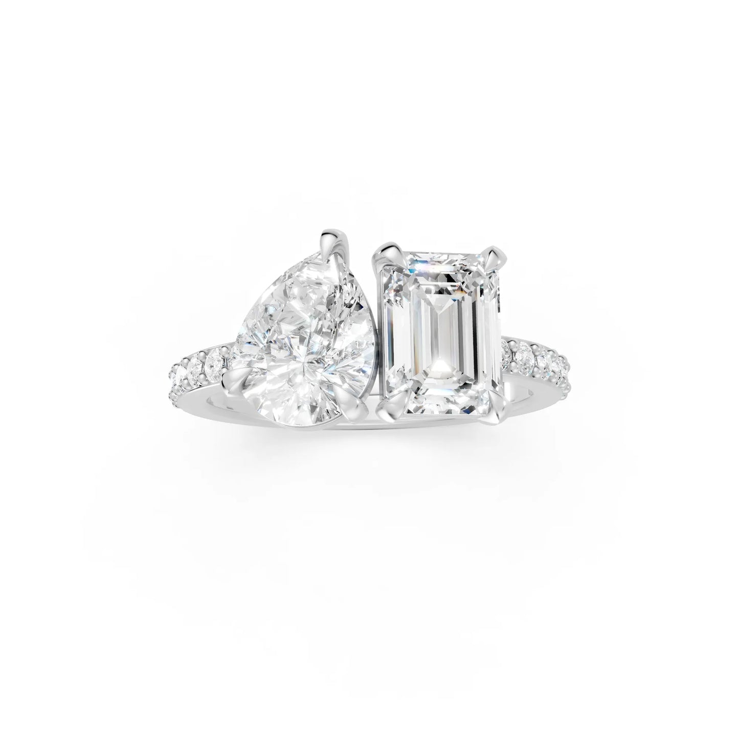 14K Gold Pear and Emerald Cut Diamond Toi et Moi Ring with Side Accents