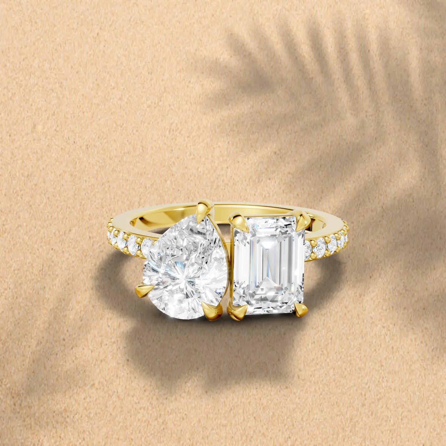 14K Gold Pear and Emerald Cut Diamond Toi et Moi Ring with Side Accents