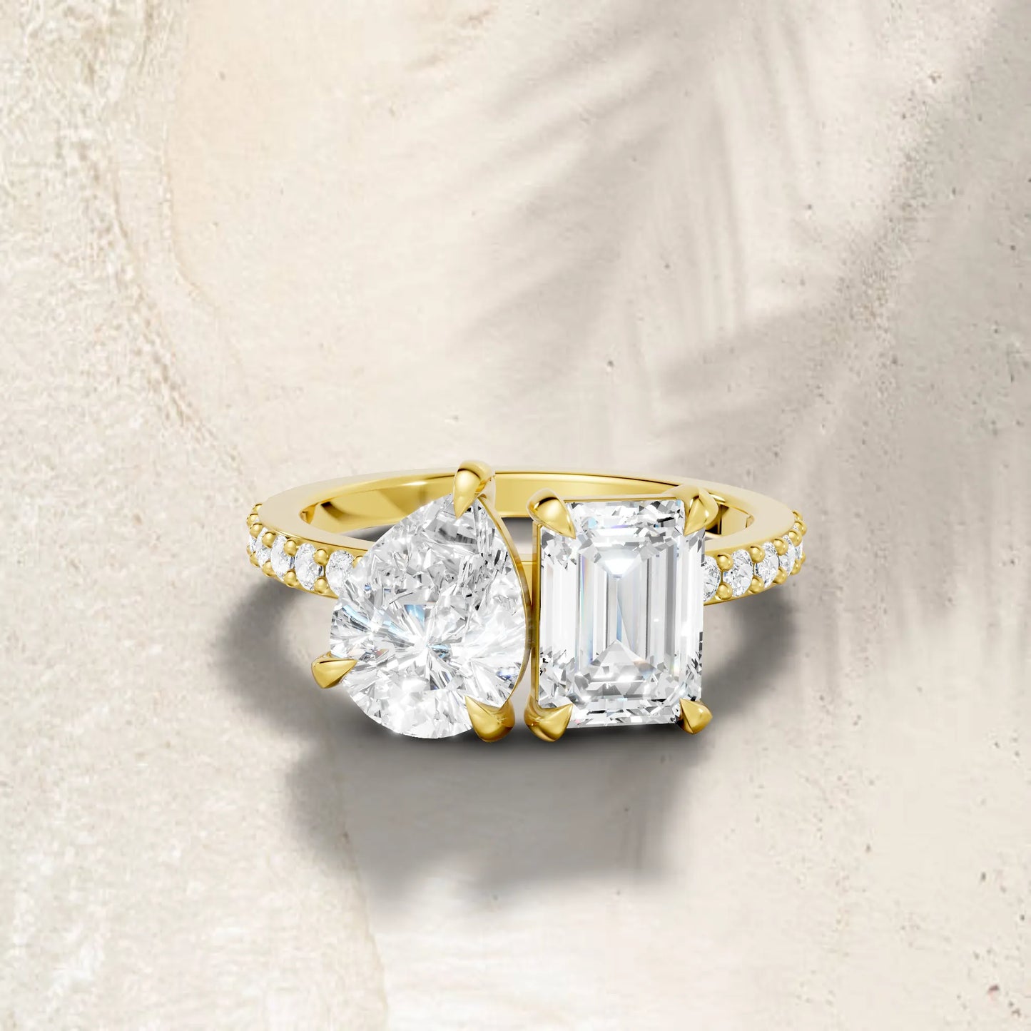 14K Gold Pear and Emerald Cut Diamond Toi et Moi Ring with Side Accents