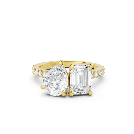 14K Gold Pear and Emerald Cut Diamond Toi et Moi Ring with Side Accents