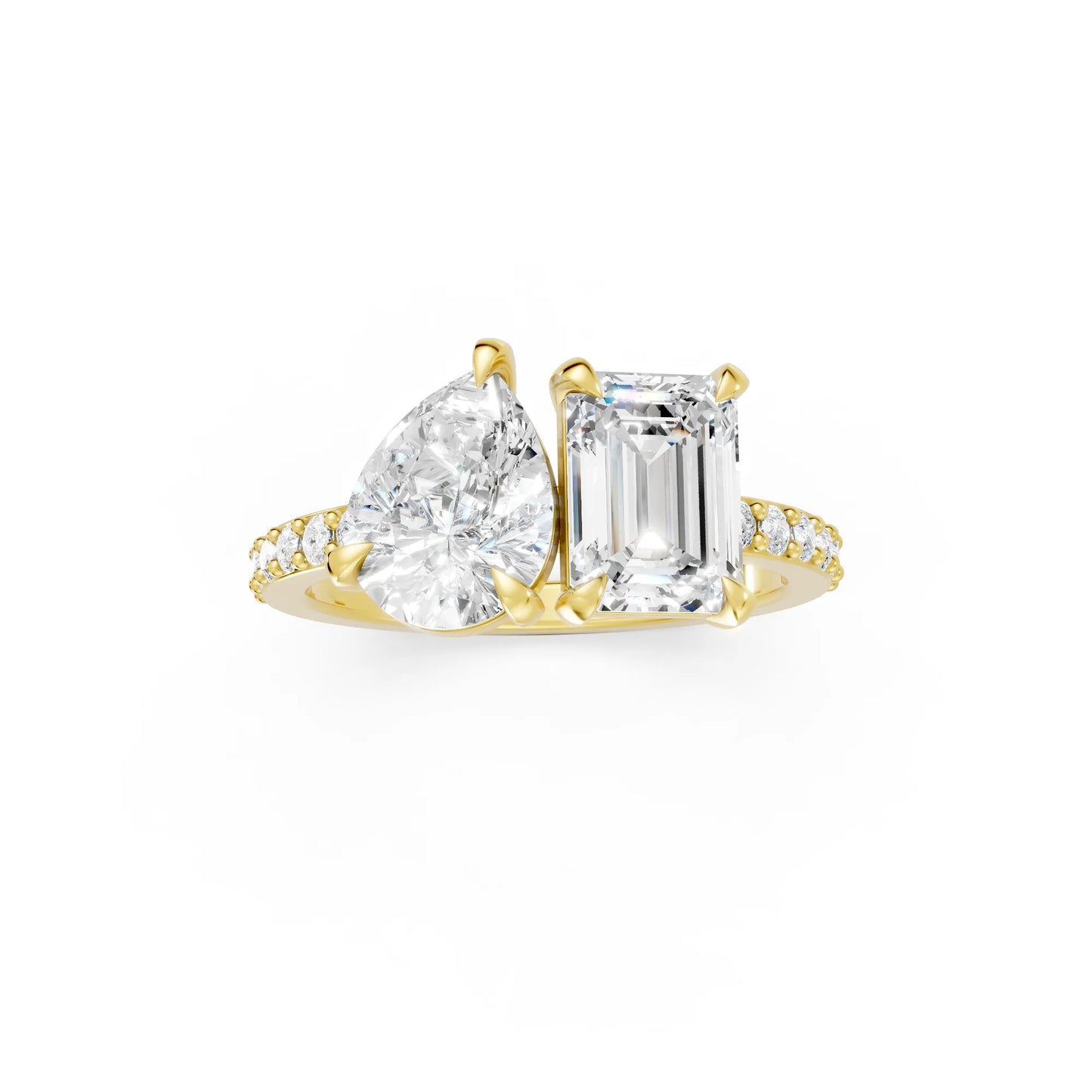14K Gold Pear and Emerald Cut Diamond Toi et Moi Ring with Side Accents