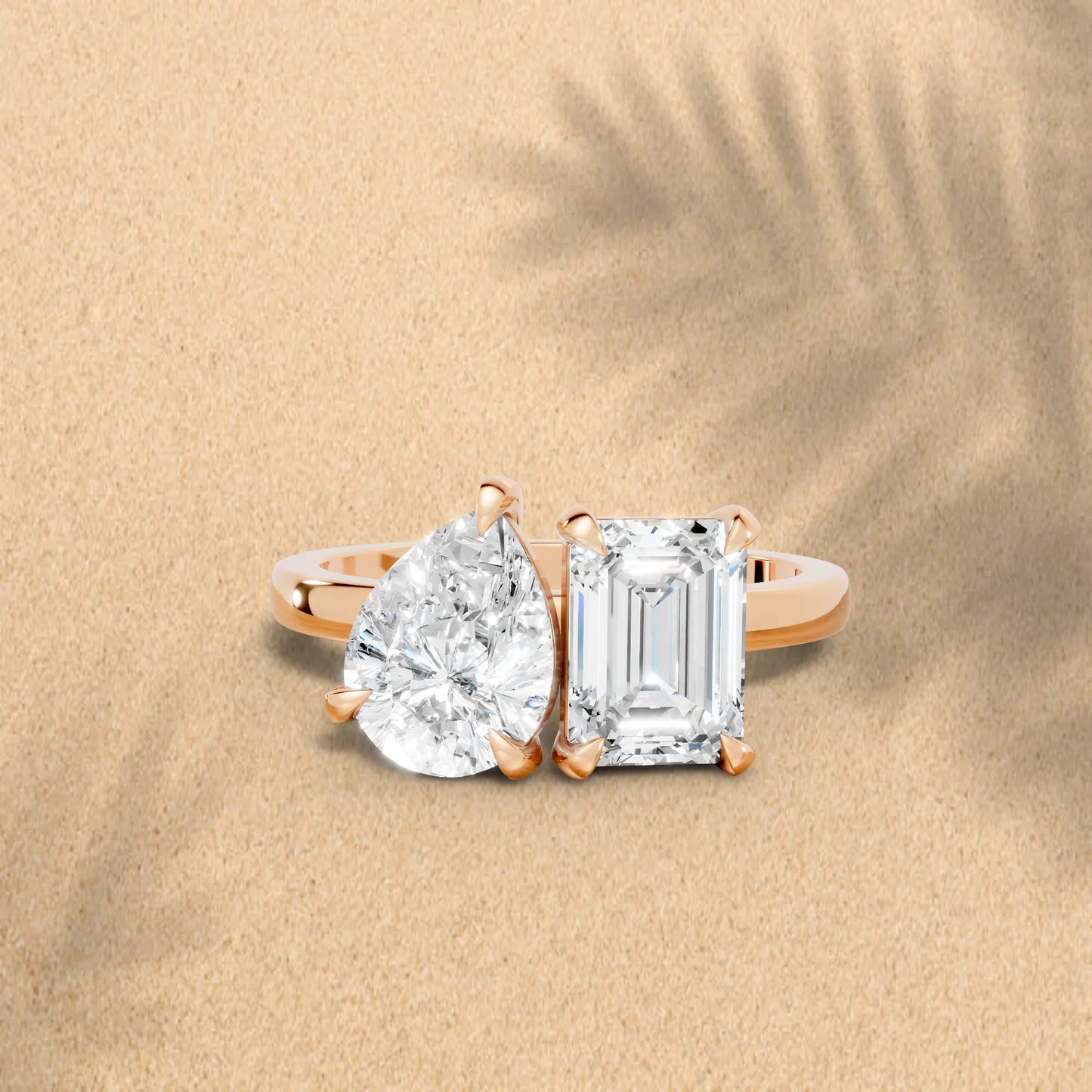 14K Gold Pear and Emerald Cut Diamond Toi et Moi Engagement Ring