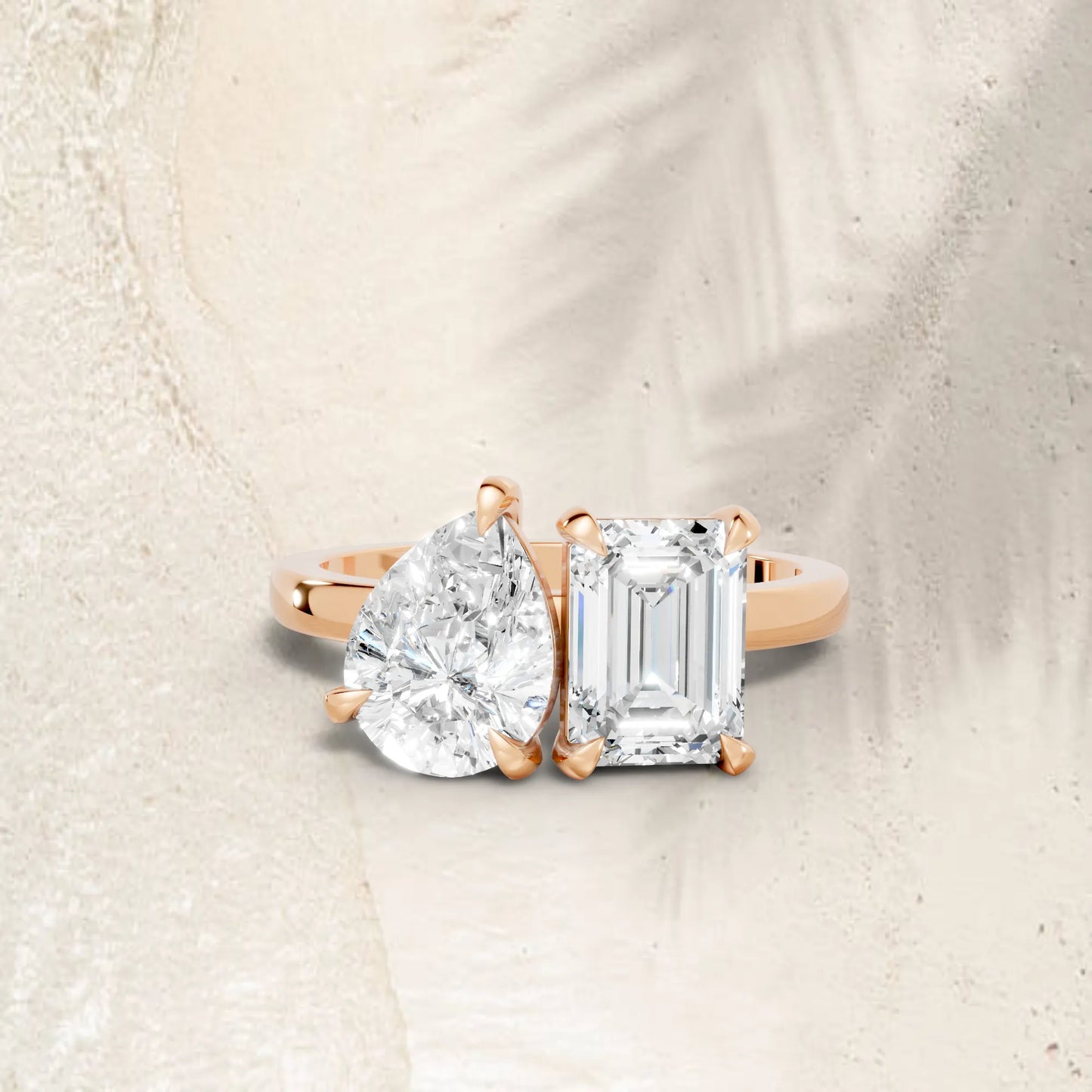 14K Gold Pear and Emerald Cut Diamond Toi et Moi Engagement Ring