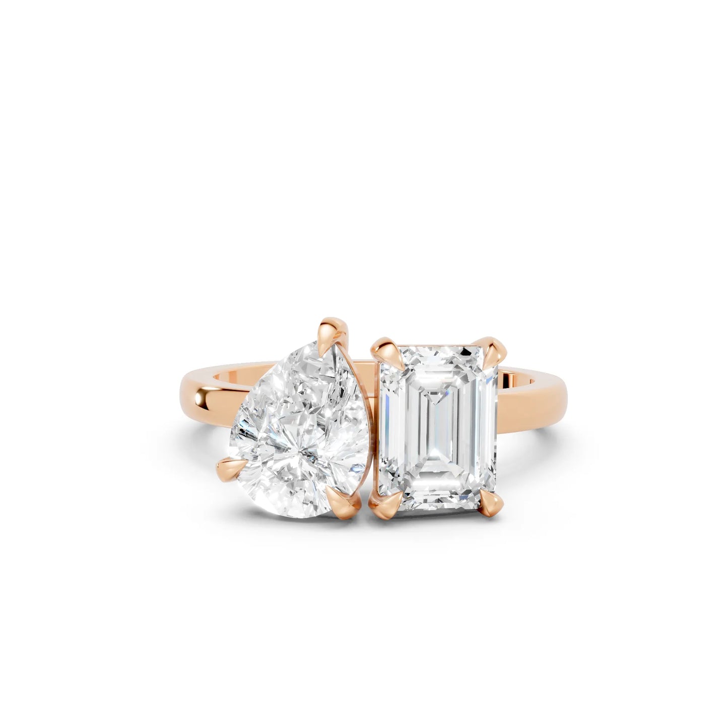 14K Gold Pear and Emerald Cut Diamond Toi et Moi Engagement Ring