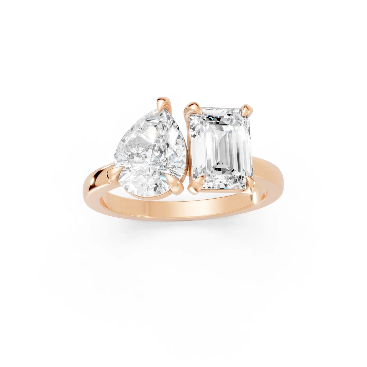 14K Gold Pear and Emerald Cut Diamond Toi et Moi Engagement Ring