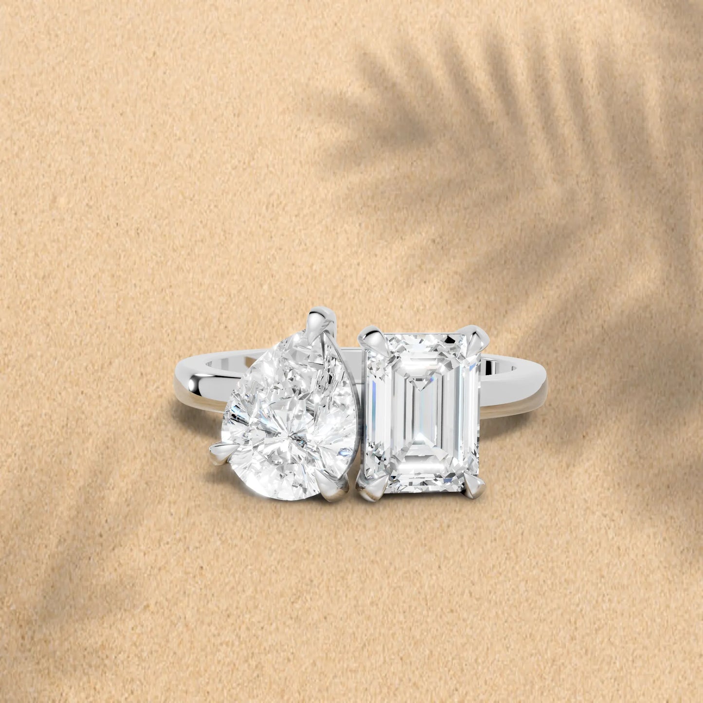 14K Gold Pear and Emerald Cut Diamond Toi et Moi Engagement Ring
