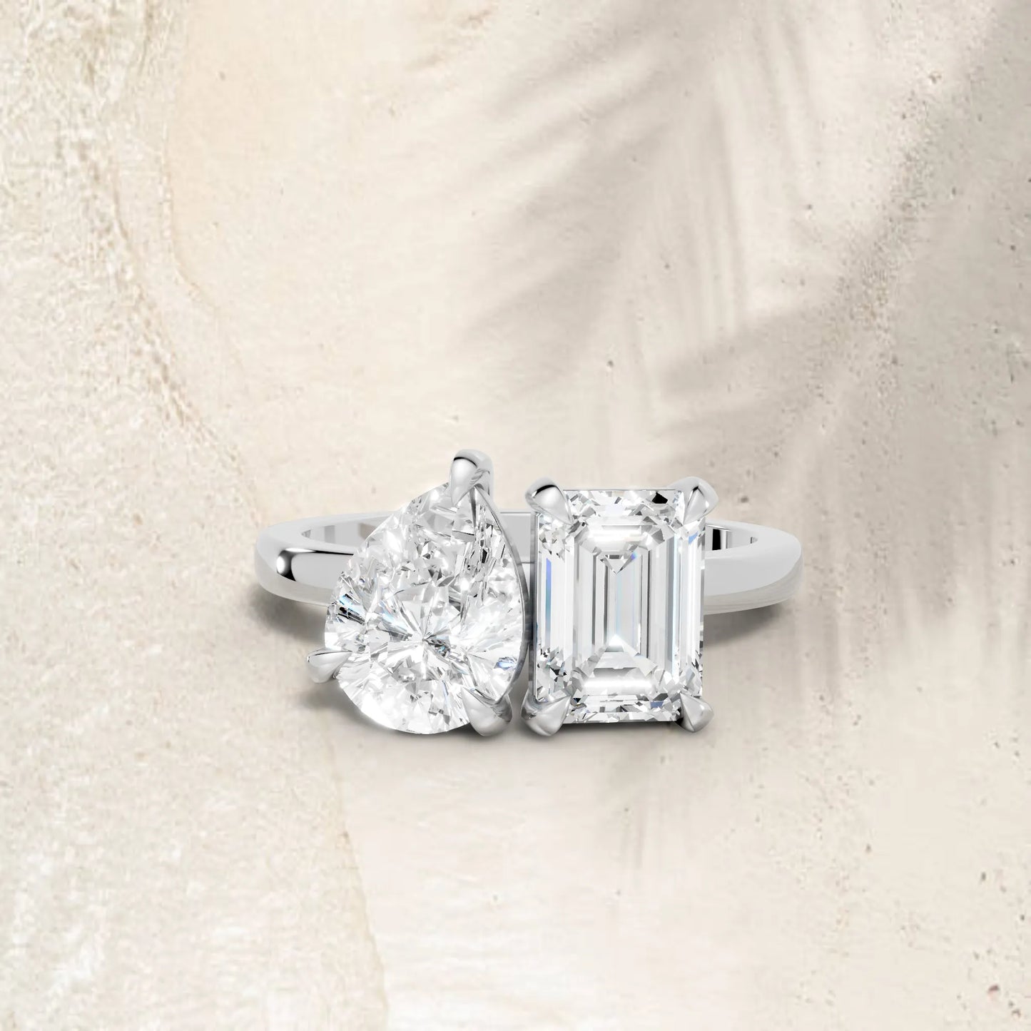 14K Gold Pear and Emerald Cut Diamond Toi et Moi Engagement Ring