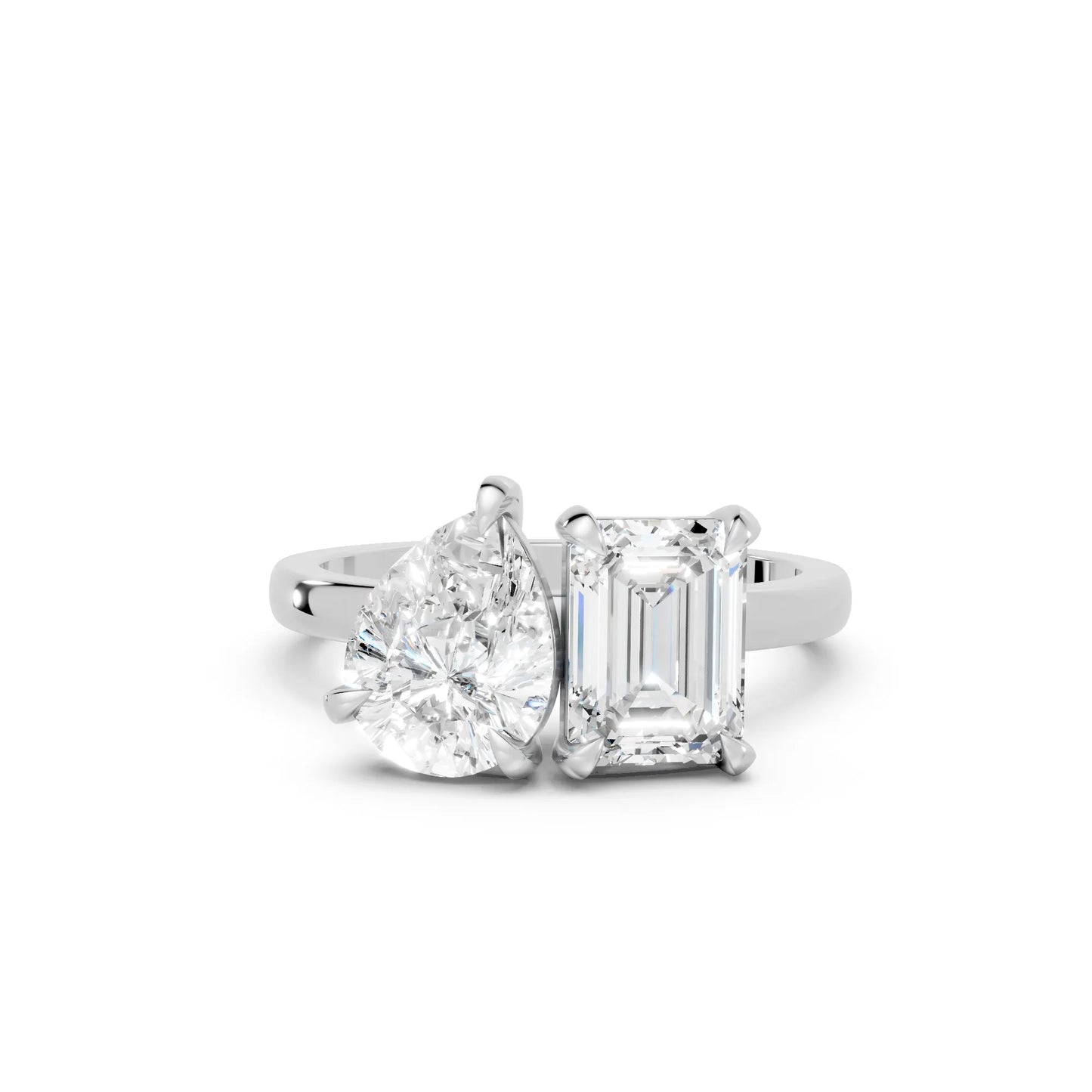 14K Gold Pear and Emerald Cut Diamond Toi et Moi Engagement Ring