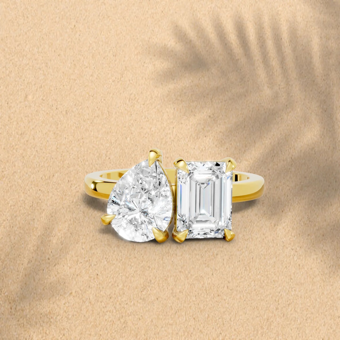 14K Gold Pear and Emerald Cut Diamond Toi et Moi Engagement Ring
