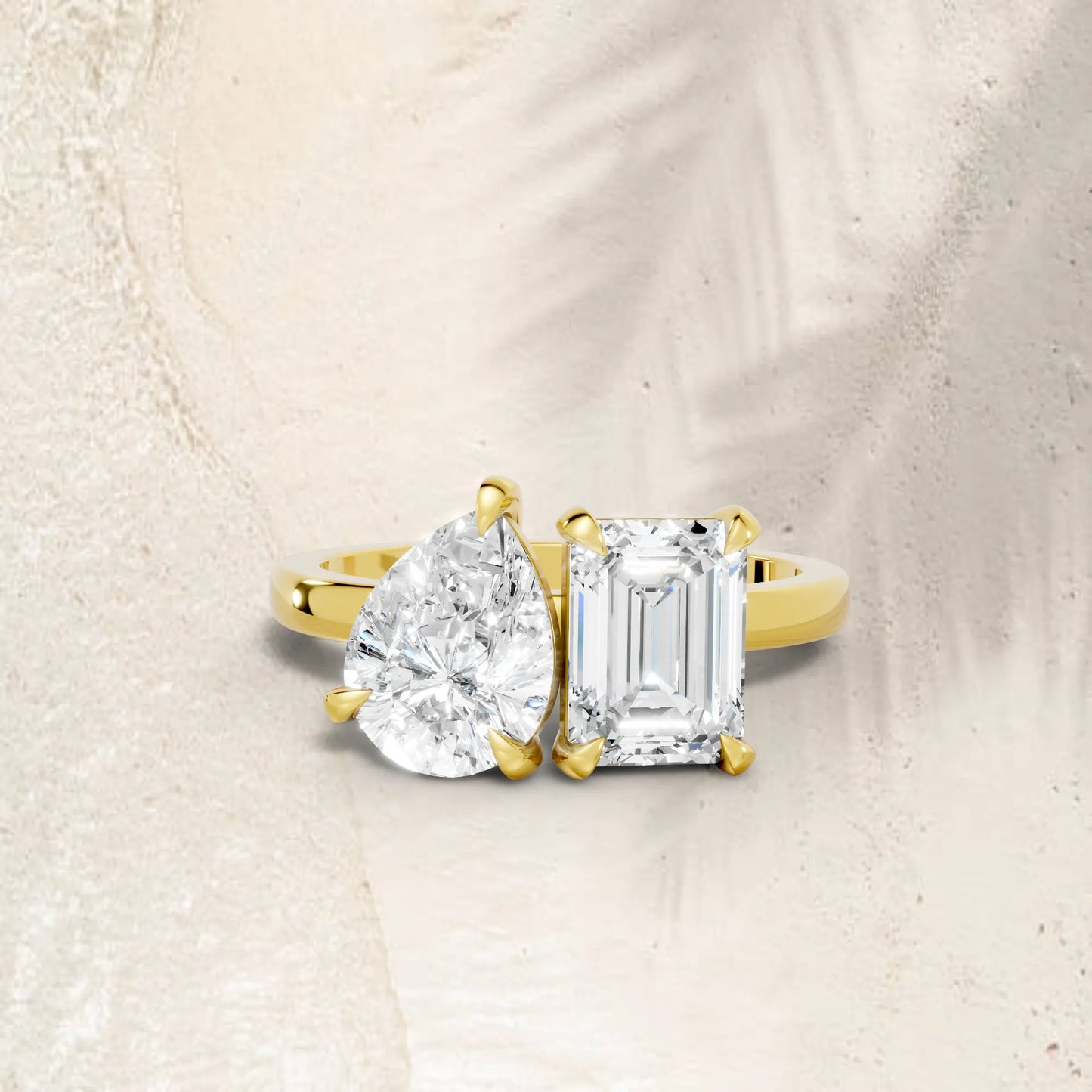 14K Gold Pear and Emerald Cut Diamond Toi et Moi Engagement Ring