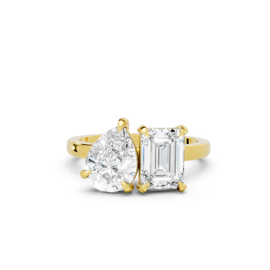 14K Gold Pear and Emerald Cut Diamond Toi et Moi Engagement Ring