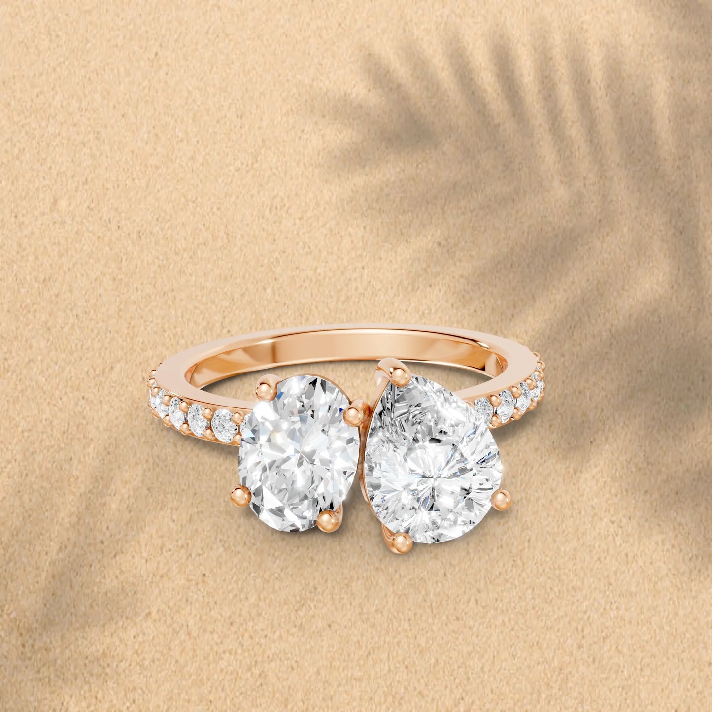 14K Gold Oval and Pear Cut Diamond Toi et Moi Engagement Ring with Side Accents