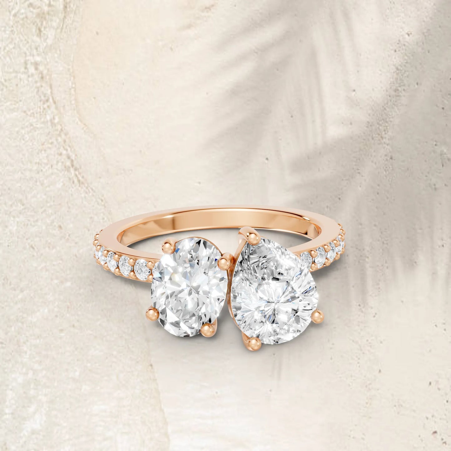 14K Gold Oval and Pear Cut Diamond Toi et Moi Engagement Ring with Side Accents