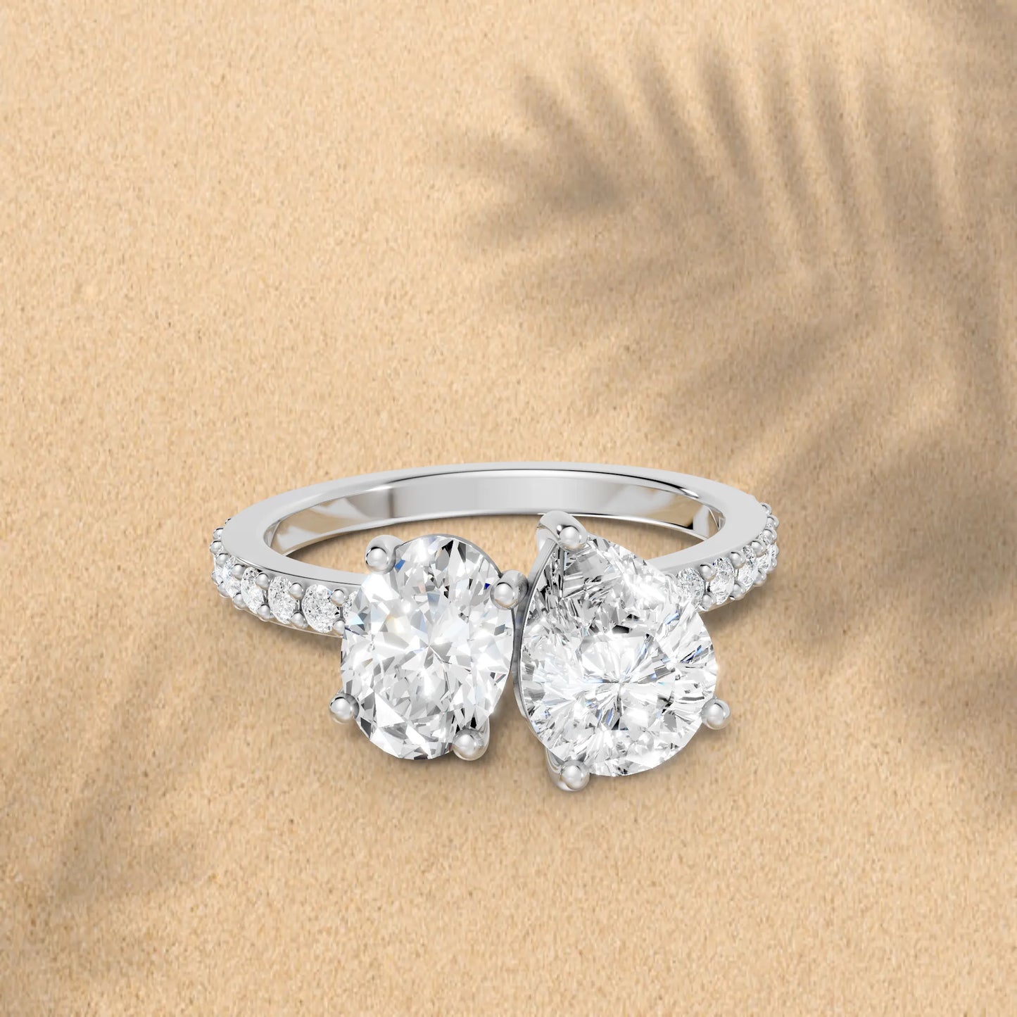 14K Gold Oval and Pear Cut Diamond Toi et Moi Engagement Ring with Side Accents