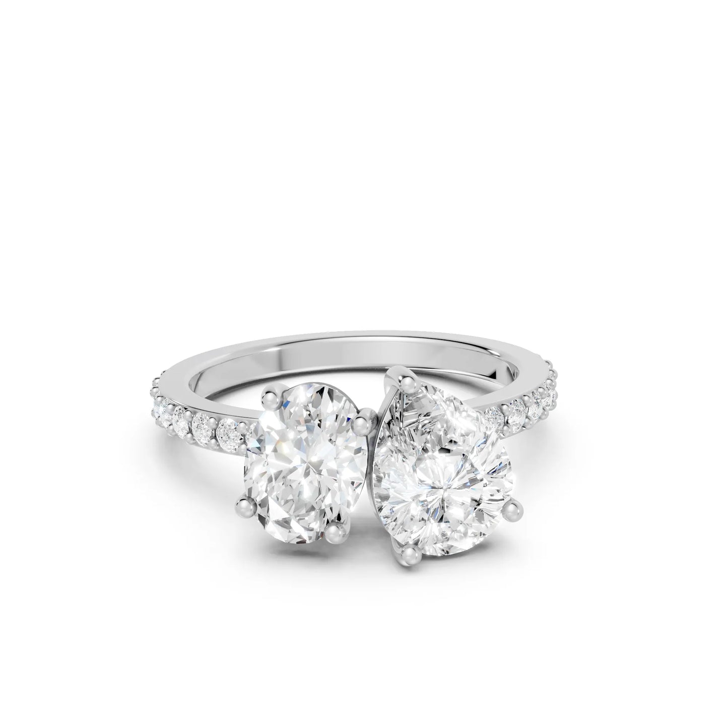 14K Gold Oval and Pear Cut Diamond Toi et Moi Engagement Ring with Side Accents