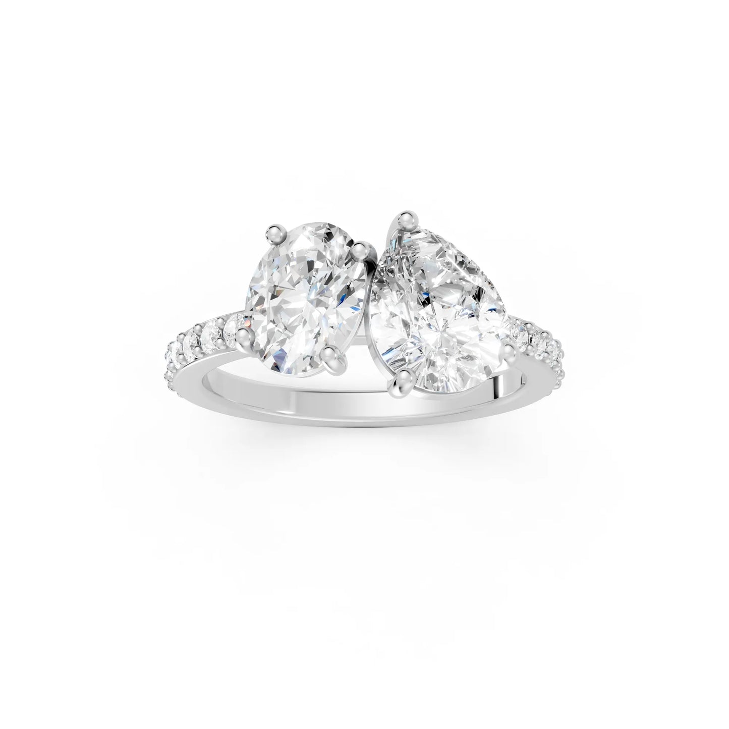 14K Gold Oval and Pear Cut Diamond Toi et Moi Engagement Ring with Side Accents