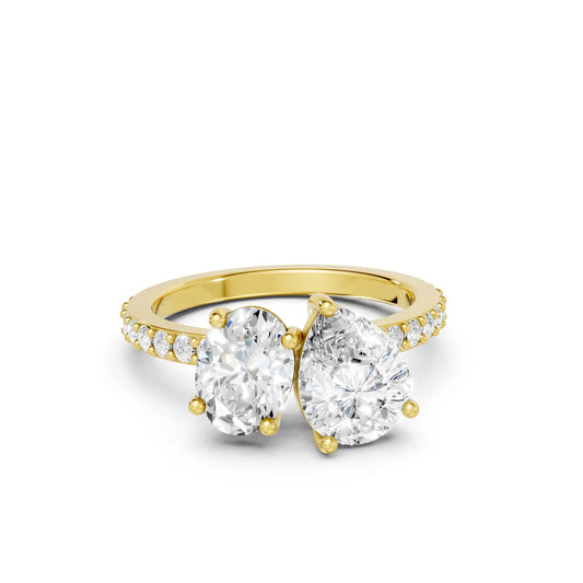 14K Gold Oval and Pear Cut Diamond Toi et Moi Engagement Ring with Side Accents
