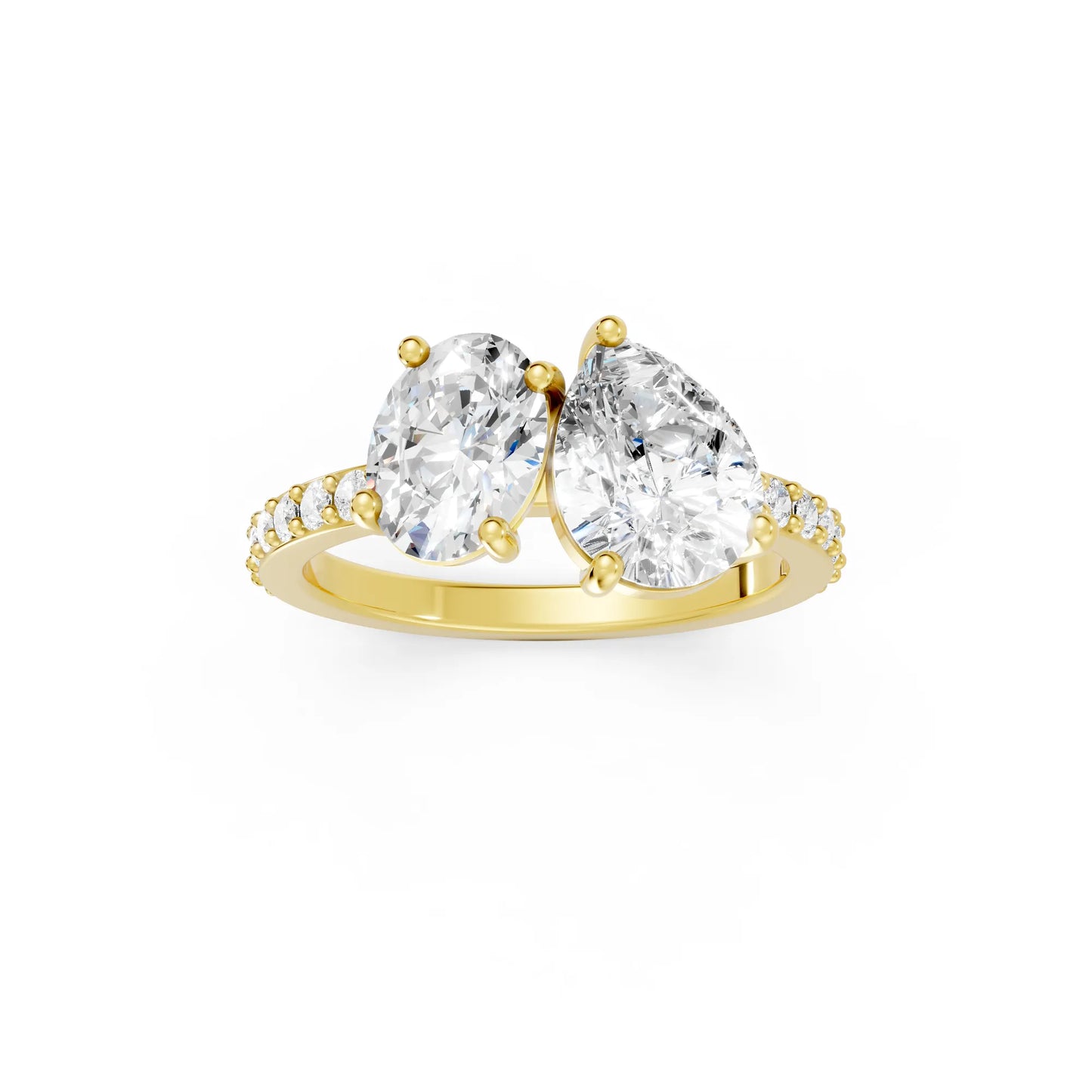 14K Gold Oval and Pear Cut Diamond Toi et Moi Engagement Ring with Side Accents