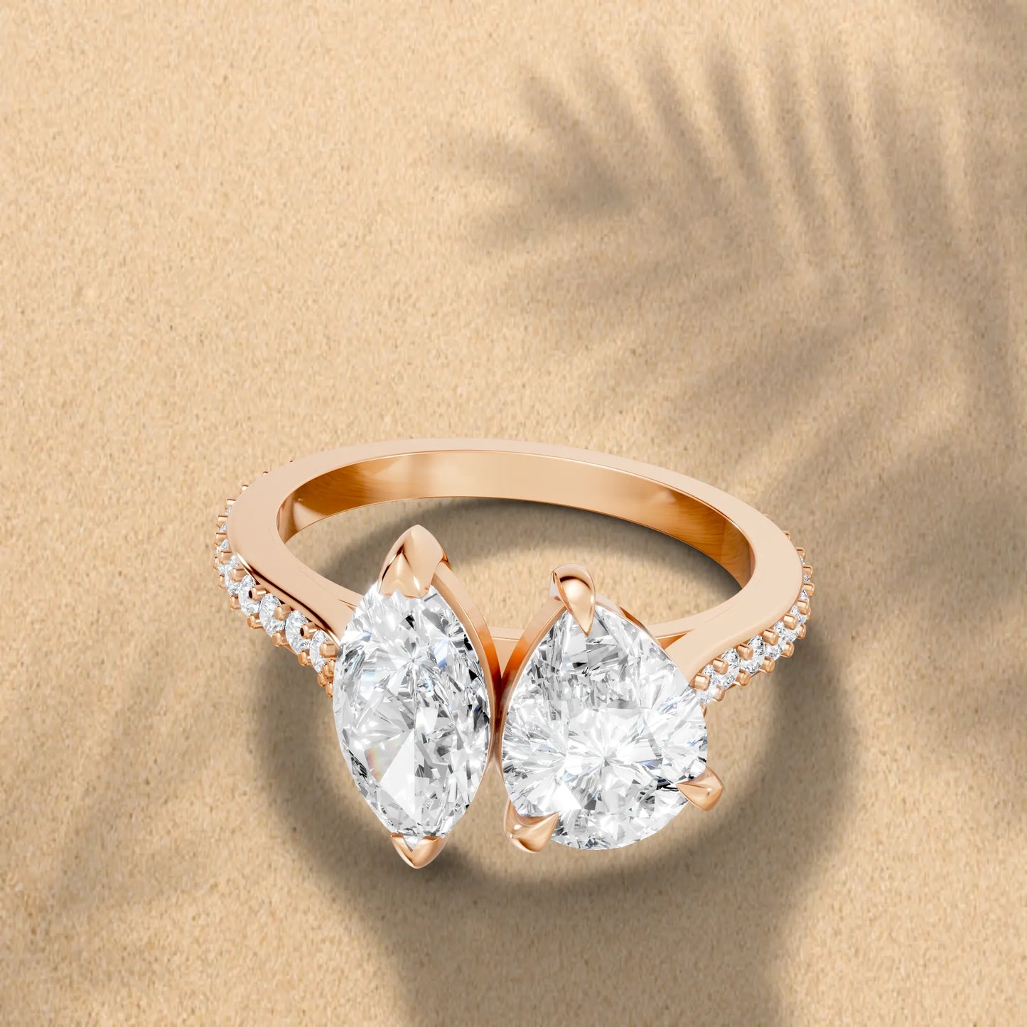 14K Gold Marquise and Pear Cut Diamond Toi et Moi Engagement Ring with Side Accents