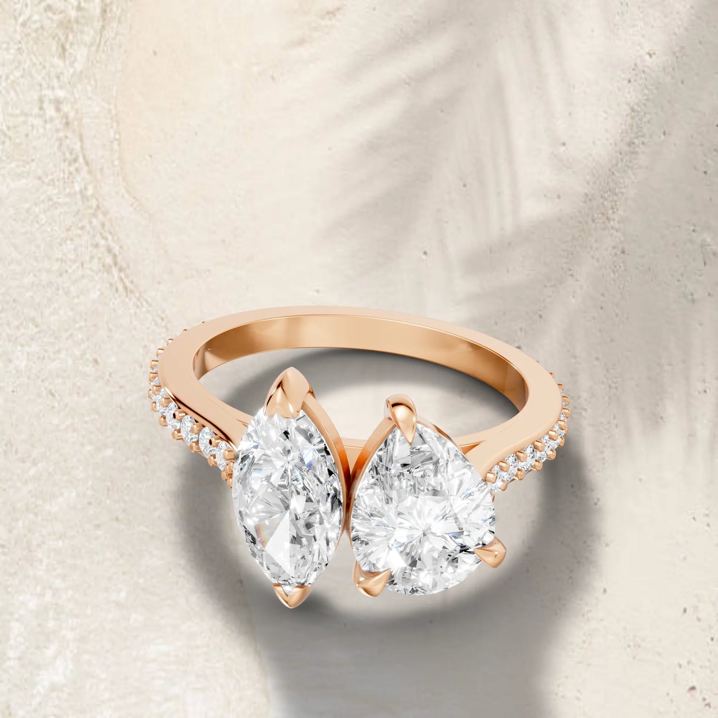 14K Gold Marquise and Pear Cut Diamond Toi et Moi Engagement Ring with Side Accents