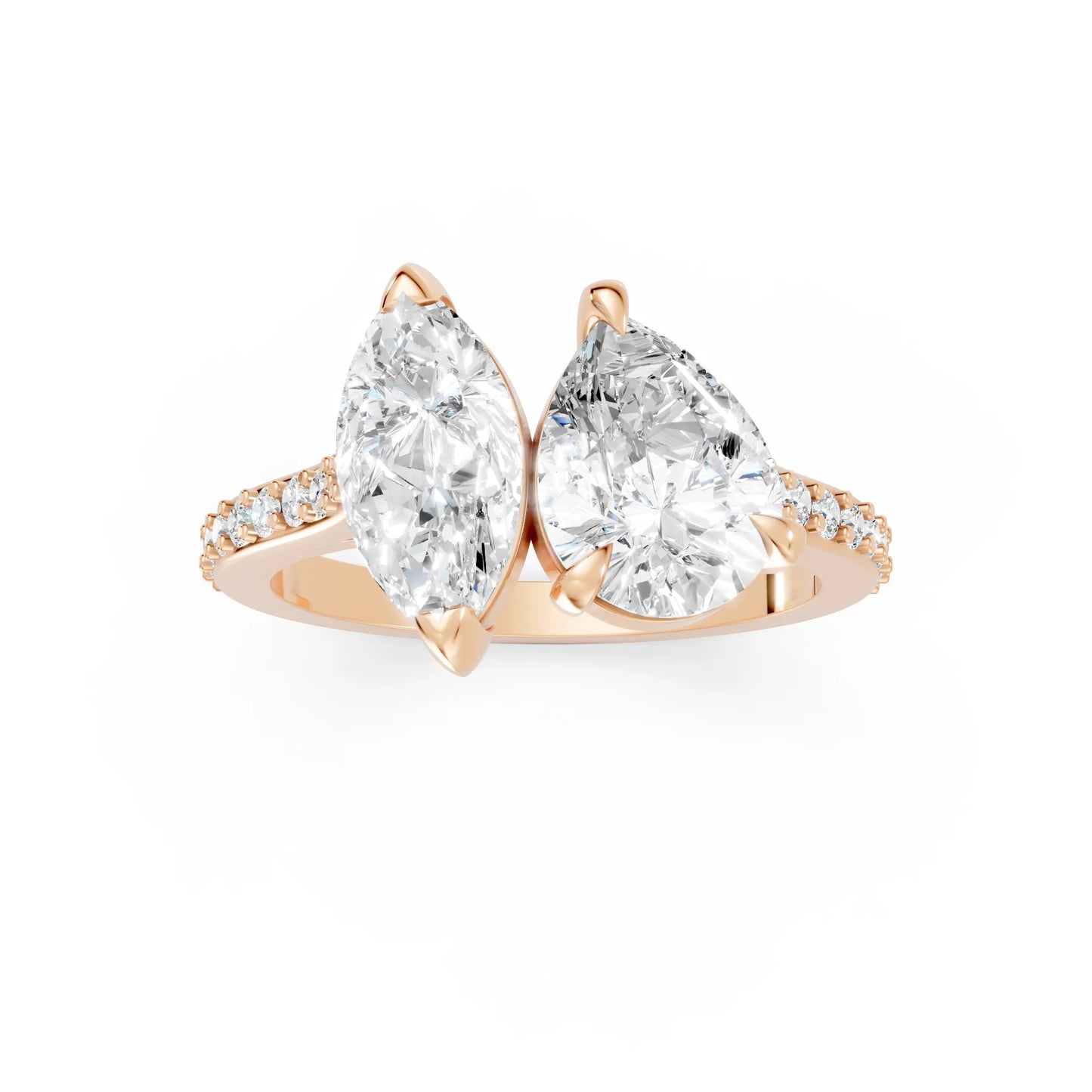 14K Gold Marquise and Pear Cut Diamond Toi et Moi Engagement Ring with Side Accents