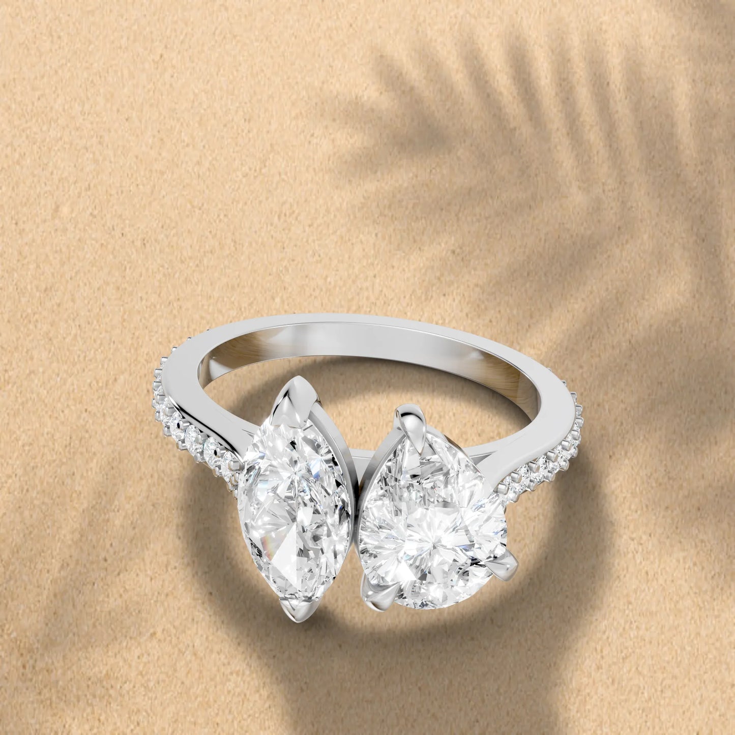 14K Gold Marquise and Pear Cut Diamond Toi et Moi Engagement Ring with Side Accents