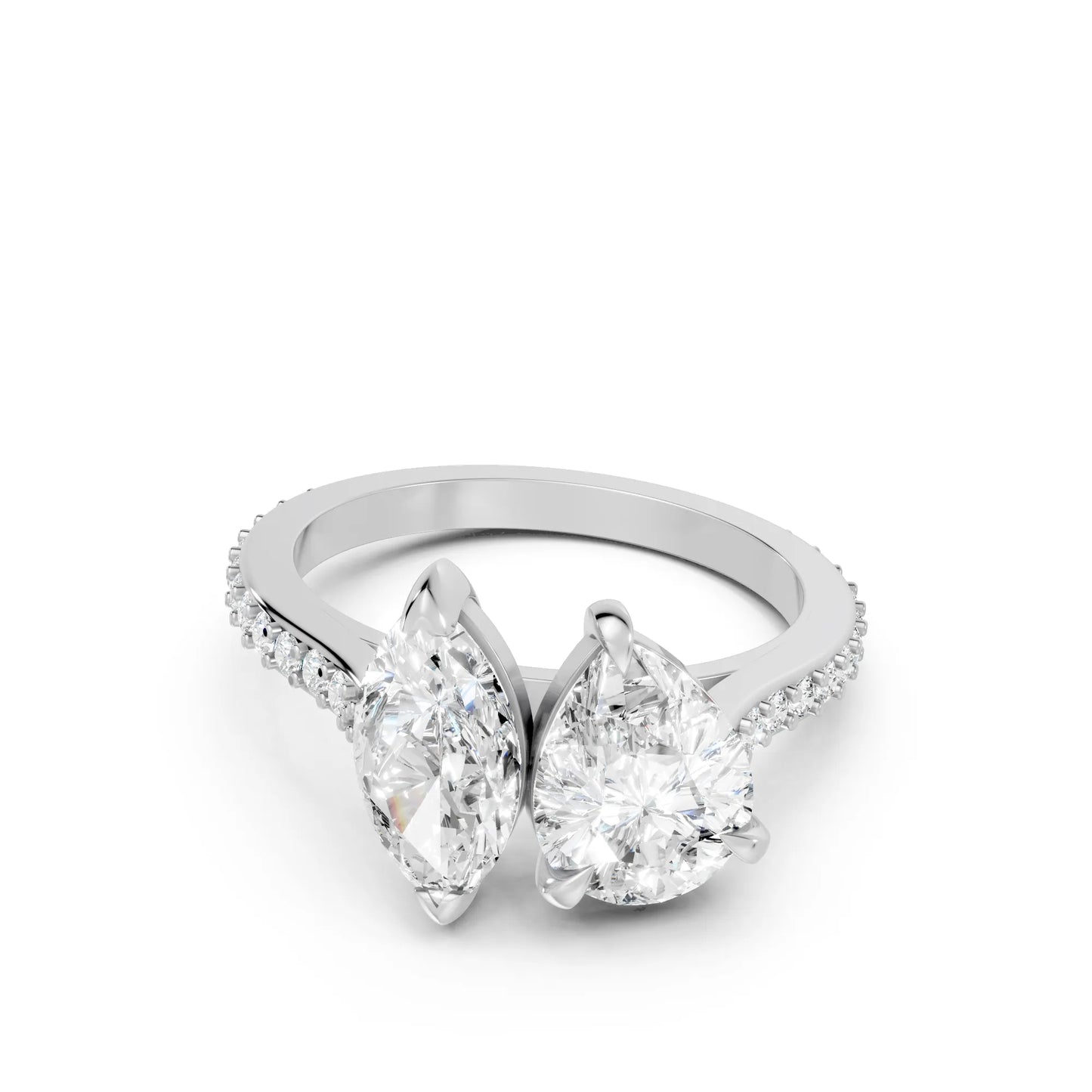 14K Gold Marquise and Pear Cut Diamond Toi et Moi Engagement Ring with Side Accents