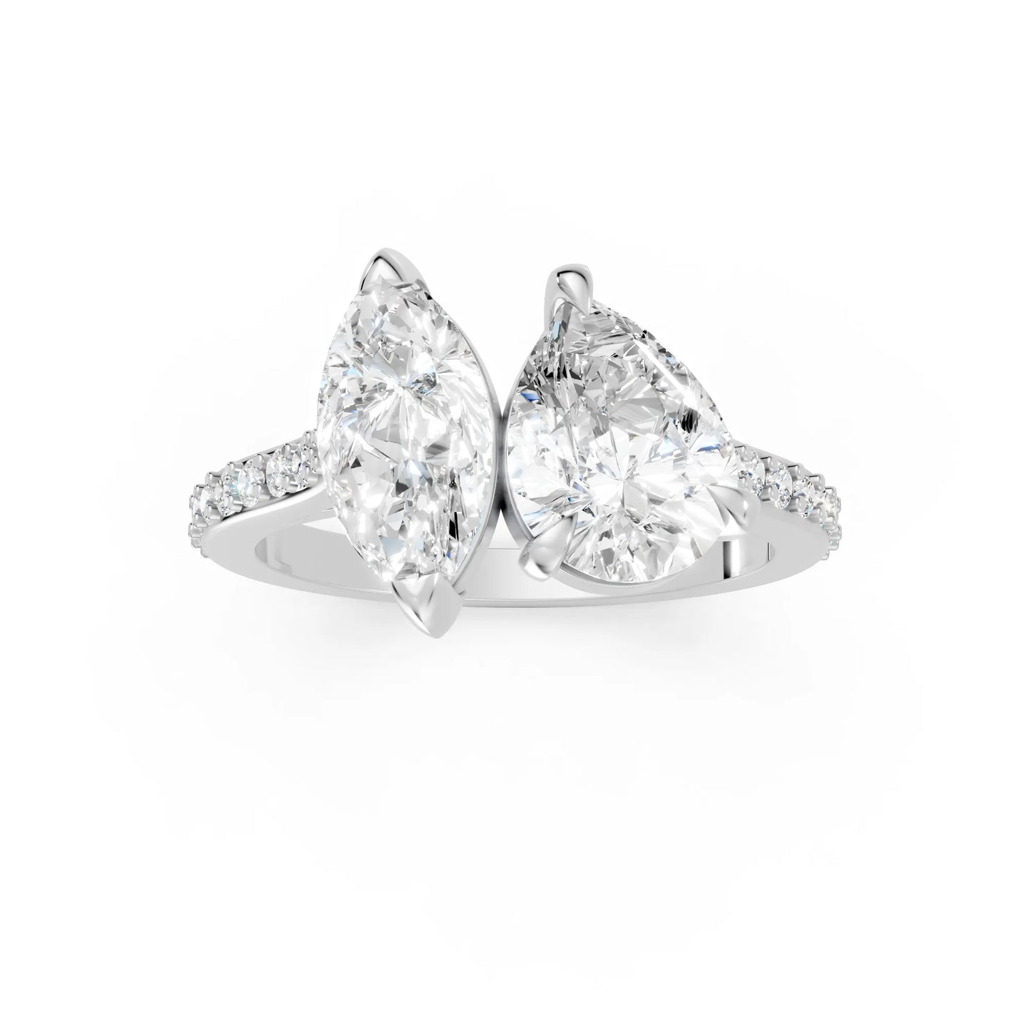 14K Gold Marquise and Pear Cut Diamond Toi et Moi Engagement Ring with Side Accents