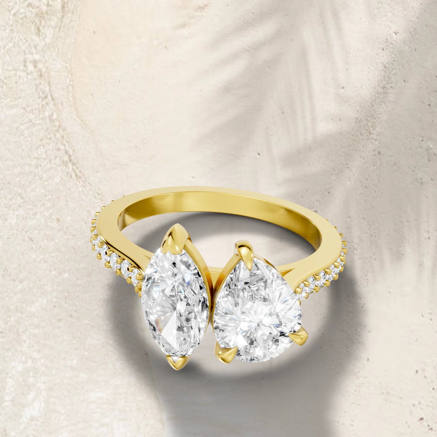 14K Gold Marquise and Pear Cut Diamond Toi et Moi Engagement Ring with Side Accents
