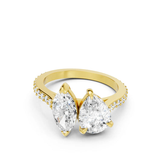 14K Gold Marquise and Pear Cut Diamond Toi et Moi Engagement Ring with Side Accents