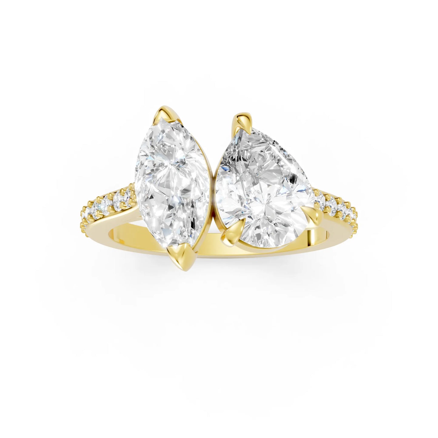 14K Gold Marquise and Pear Cut Diamond Toi et Moi Engagement Ring with Side Accents