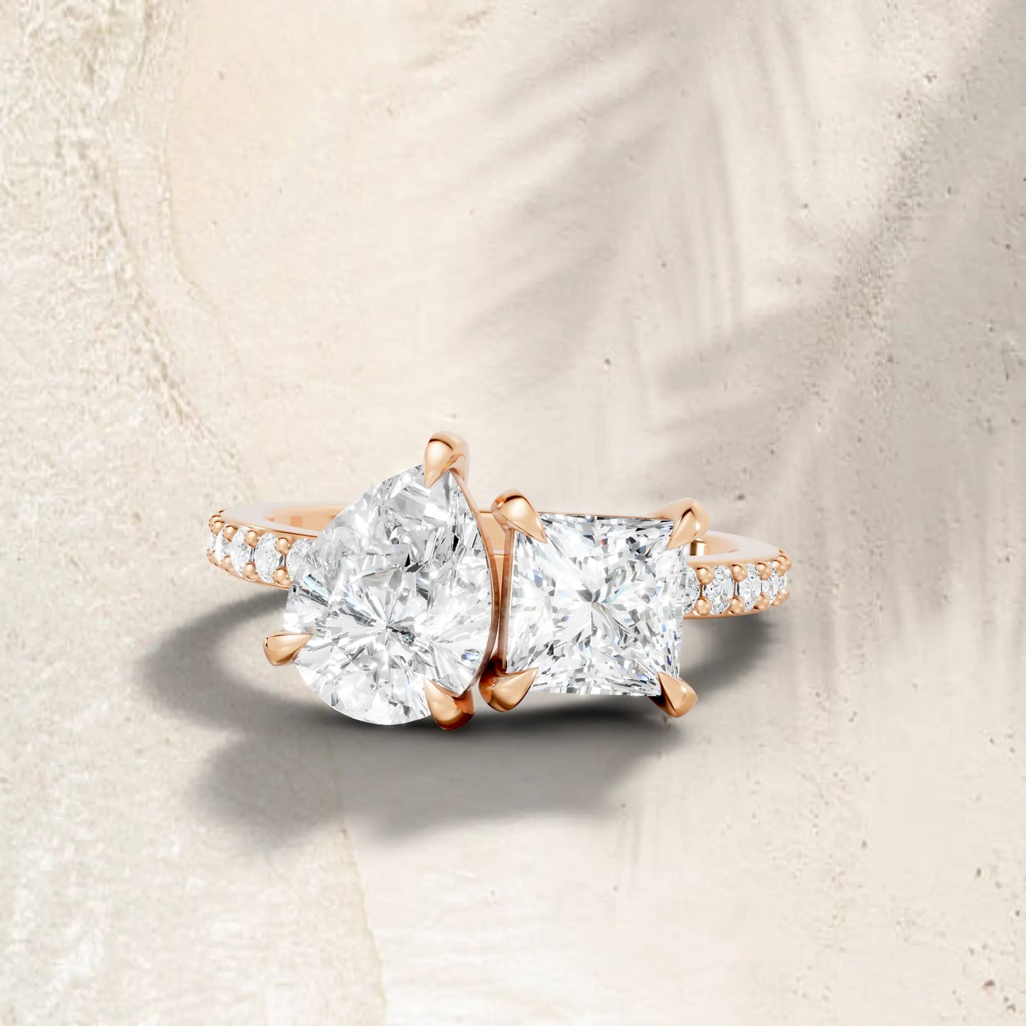 14K Gold Pear and Princess Cut Diamond Toi et Moi Engagement Ring with Side Accents