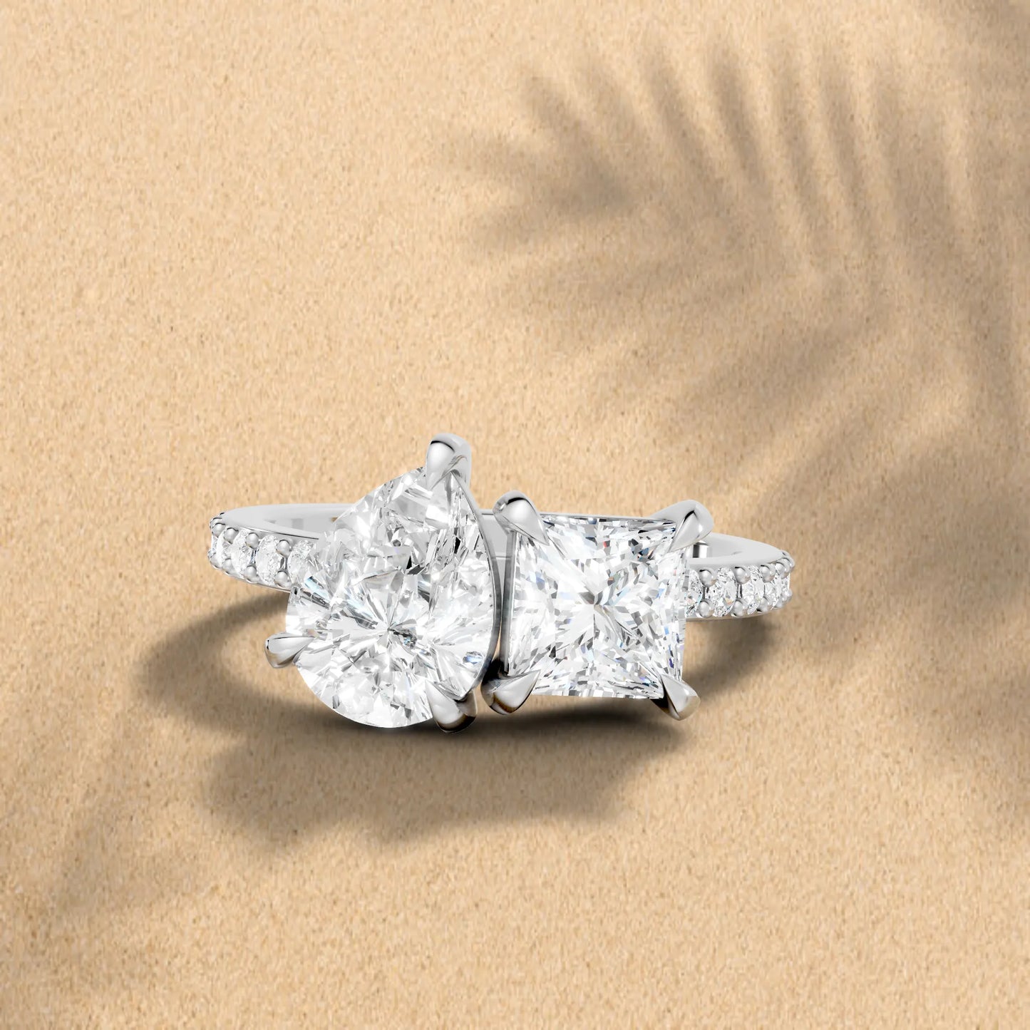 14K Gold Pear and Princess Cut Diamond Toi et Moi Engagement Ring with Side Accents