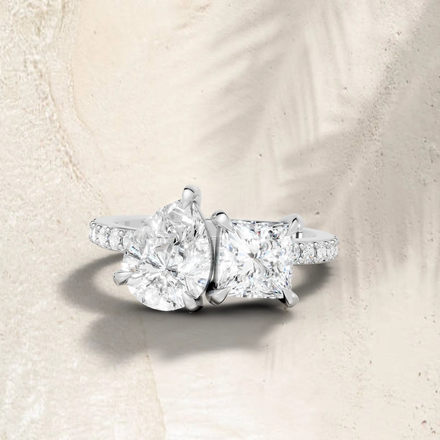 14K Gold Pear and Princess Cut Diamond Toi et Moi Engagement Ring with Side Accents