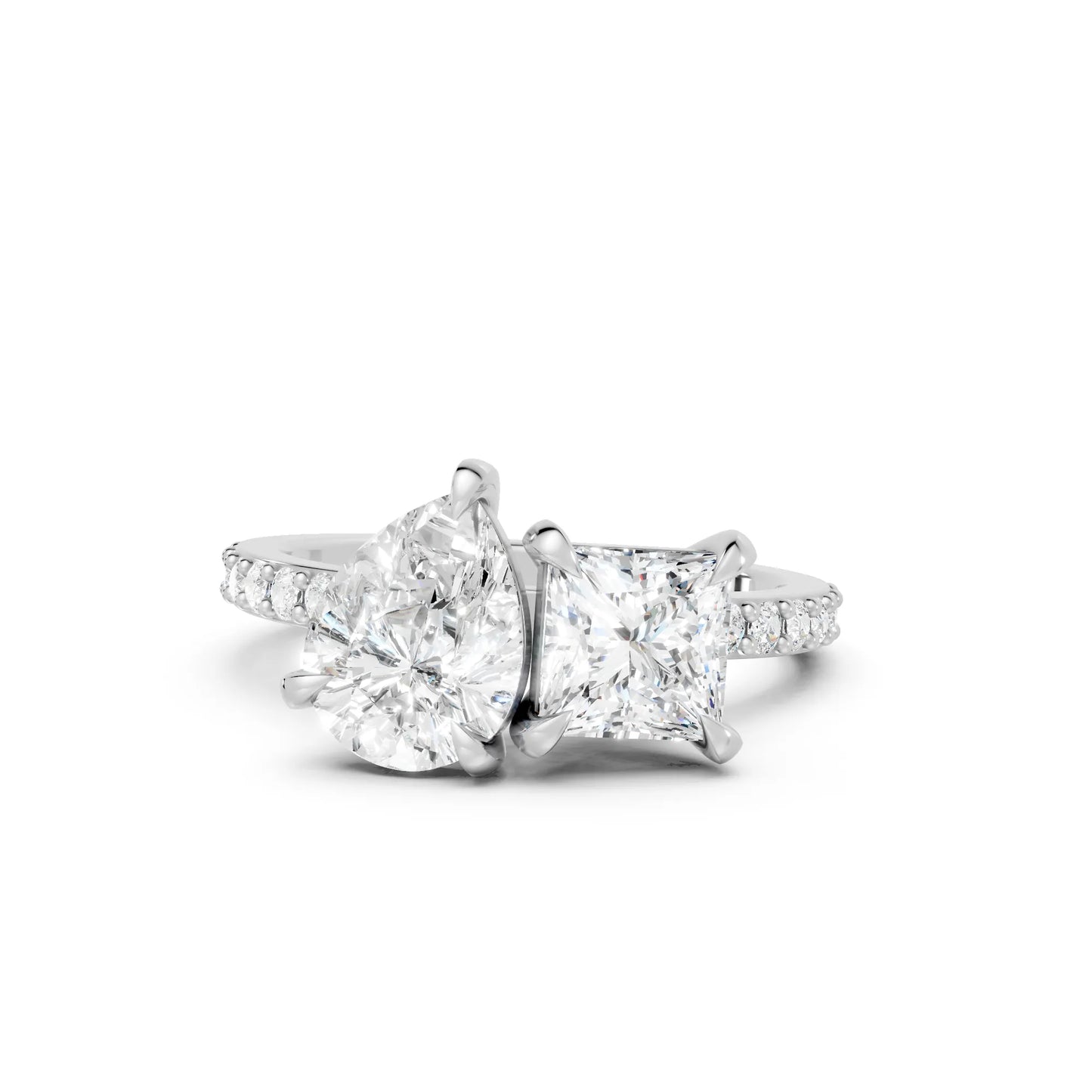14K Gold Pear and Princess Cut Diamond Toi et Moi Engagement Ring with Side Accents