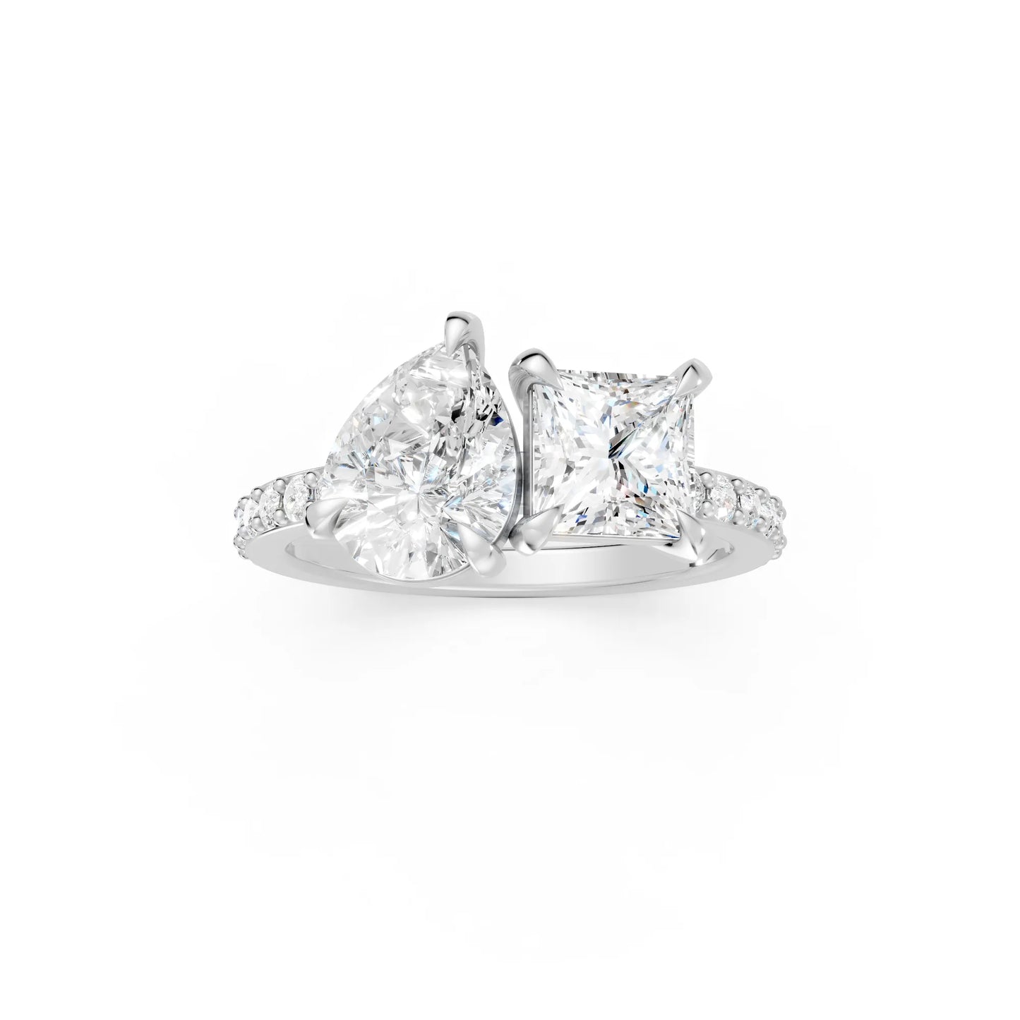 14K Gold Pear and Princess Cut Diamond Toi et Moi Engagement Ring with Side Accents