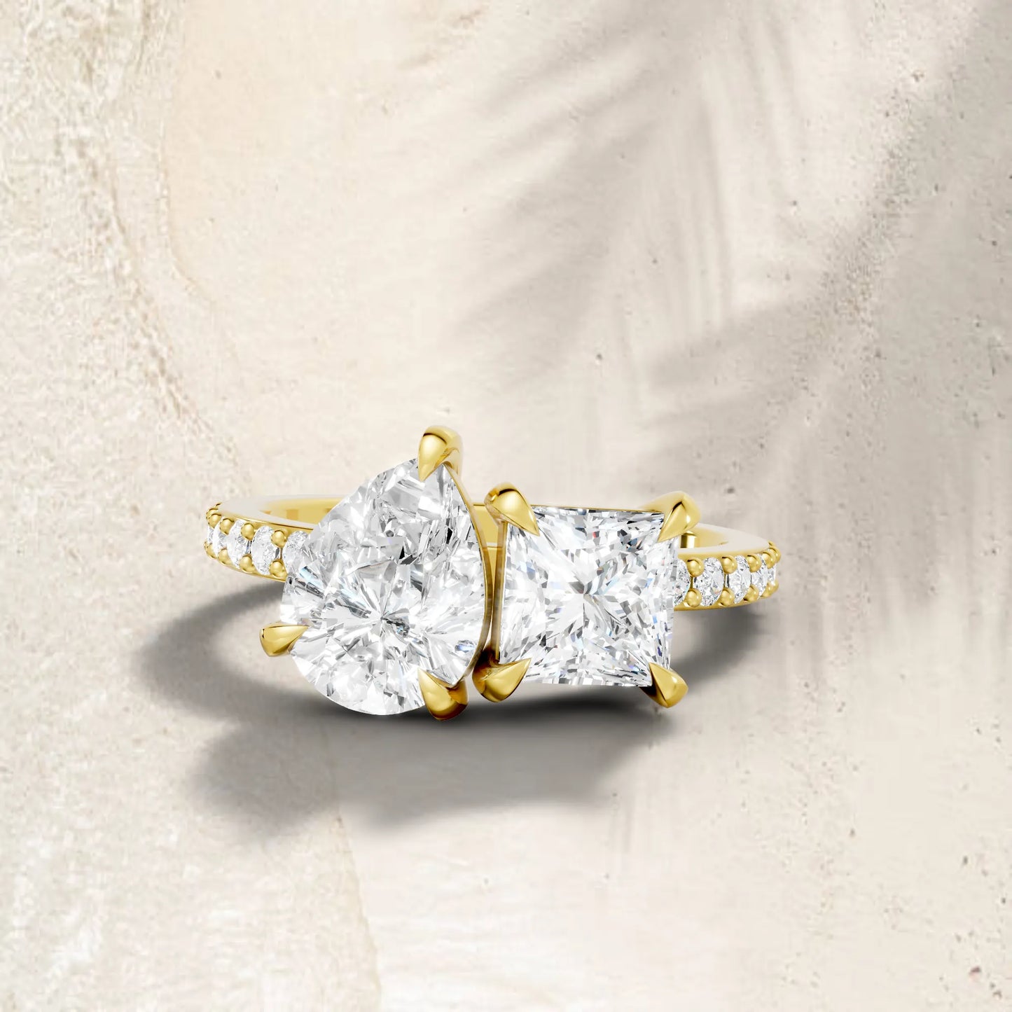 14K Gold Pear and Princess Cut Diamond Toi et Moi Engagement Ring with Side Accents